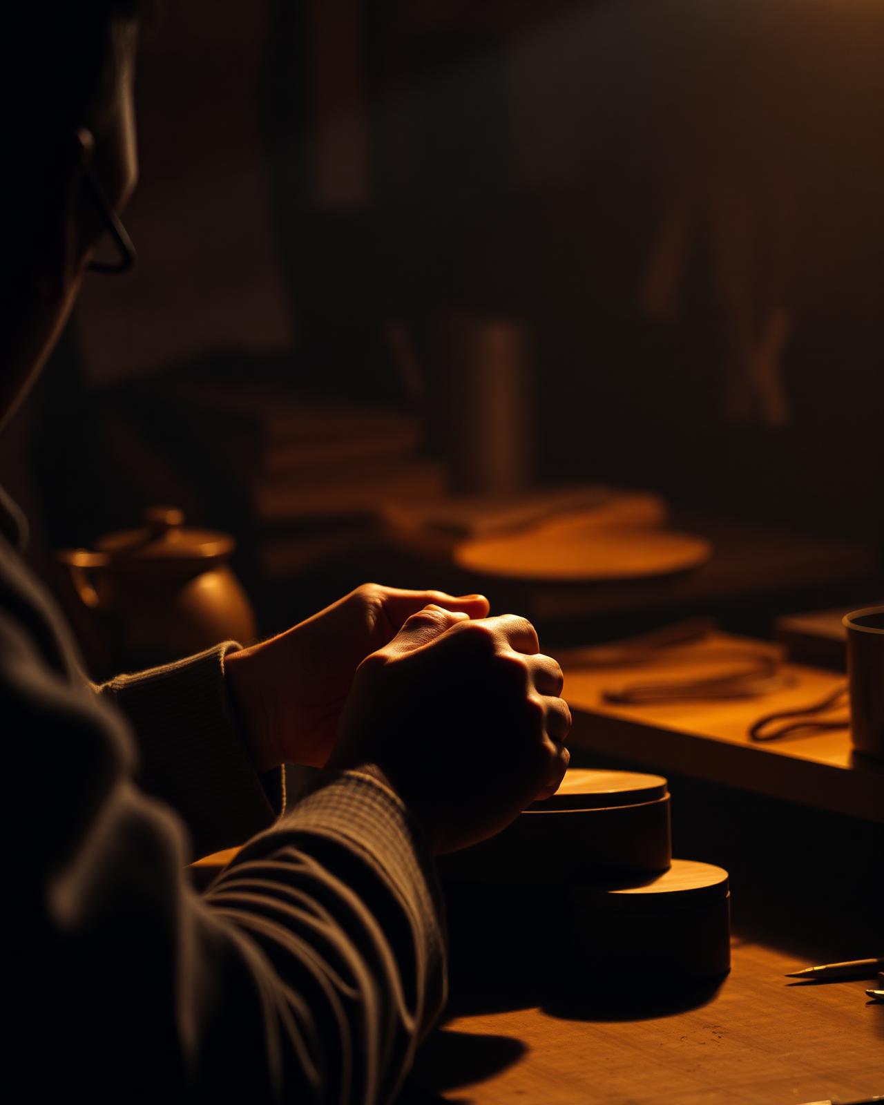 A craftsperson at work in a quiet, warmly lit studio